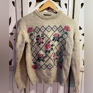 SOLD Vintage Floral Knit Sweater - Cream with Pink Accents
